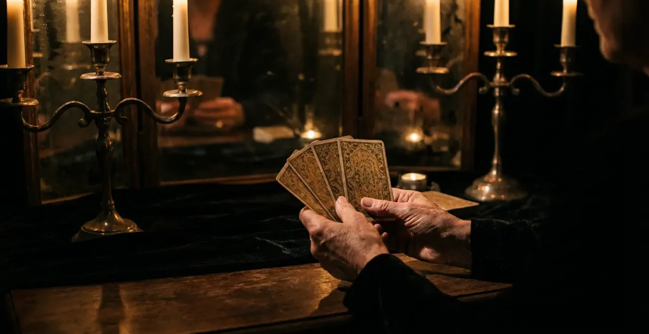 Mani che tengono carte dei tarocchi illuminate da candele in una stanza semibuia con specchi e riflessi misteriosi