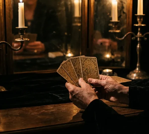 Mani che tengono carte dei tarocchi illuminate da candele in una stanza semibuia con specchi e riflessi misteriosi