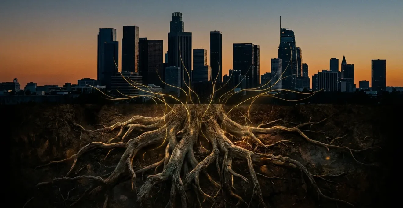 Rappresentazione simbolica delle influenze ancestrali sul presente attraverso radici che si trasformano in rami