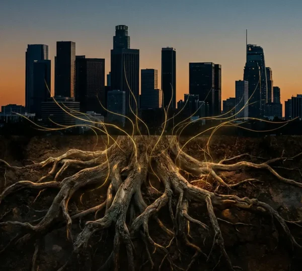 Rappresentazione simbolica delle influenze ancestrali sul presente attraverso radici che si trasformano in rami