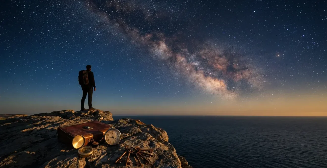 Persona contempla le stelle mentre tiene documenti di lavoro, simbolo della scelta tra intuizione e razionalità