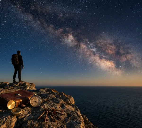 Persona contempla le stelle mentre tiene documenti di lavoro, simbolo della scelta tra intuizione e razionalità