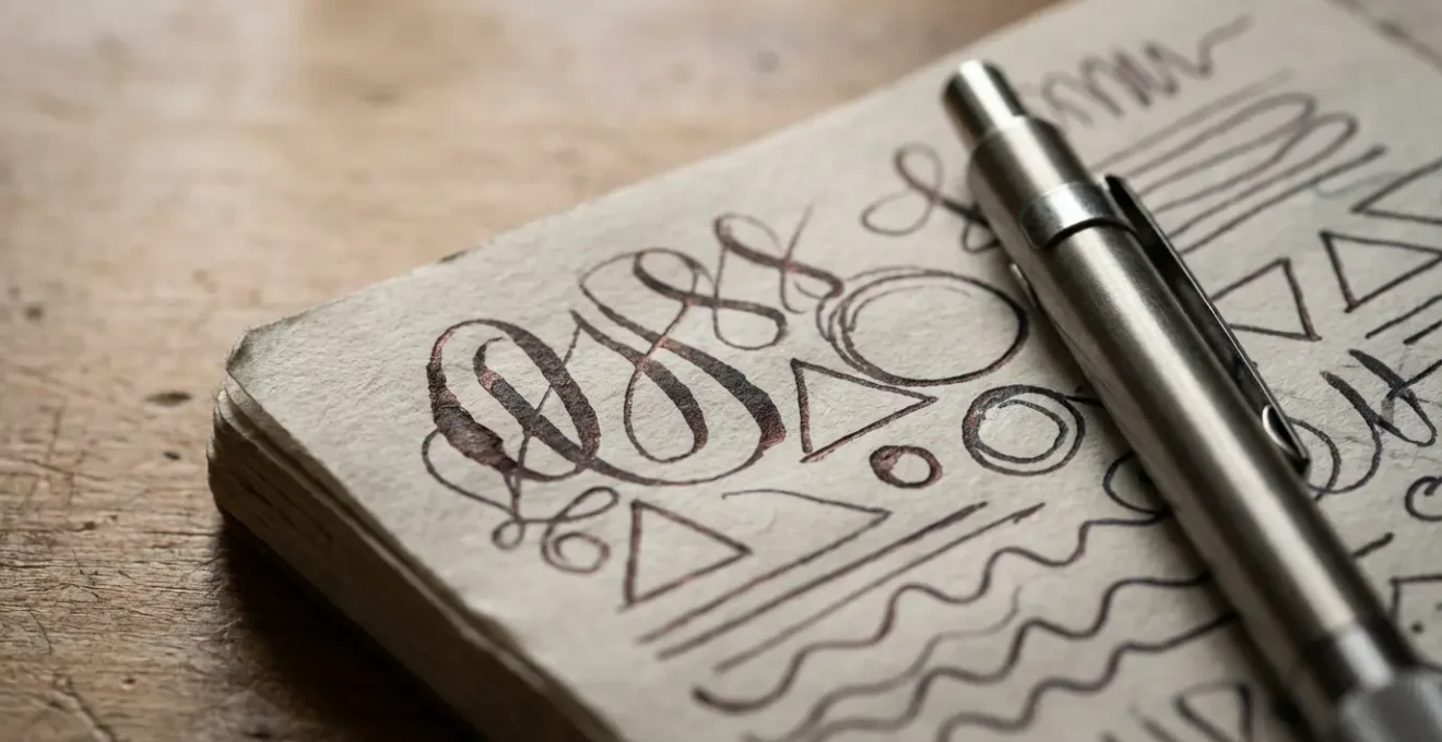 Quaderno aperto con schizzi simbolici e smartphone per registrazione vocale