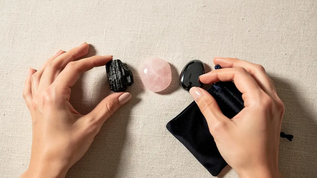 Tre pietre curative disposte in un sacchetto di velluto aperto