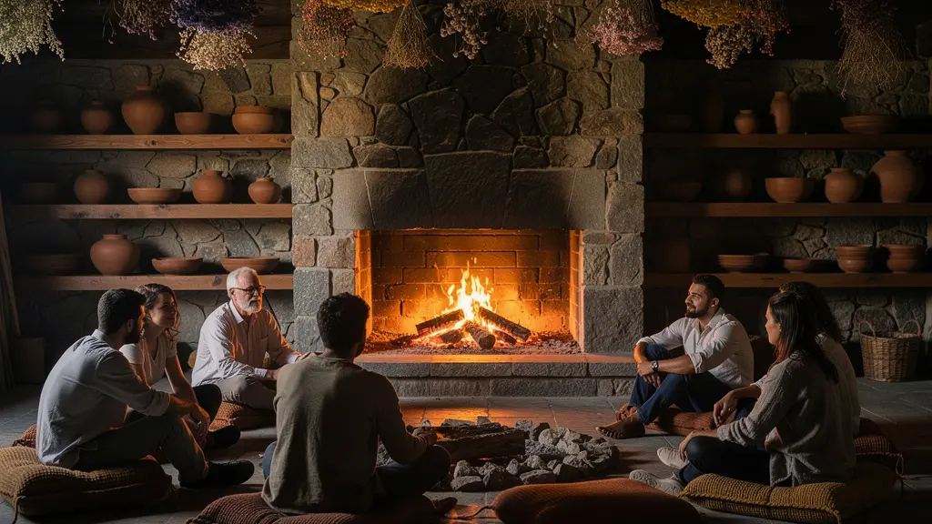 Interno rustico con focolare acceso e figure in cerchio durante veglia invernale