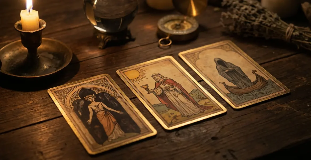 Lettura di tarocchi con tre carte disposte su tavolo di legno che rappresentano passato presente e futuro