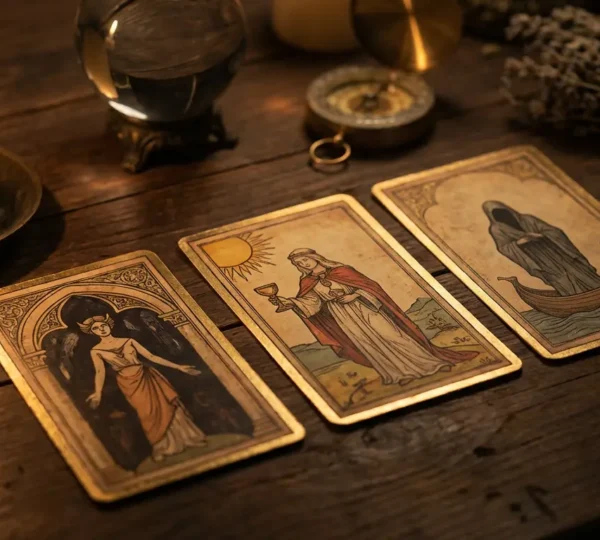 Lettura di tarocchi con tre carte disposte su tavolo di legno che rappresentano passato presente e futuro