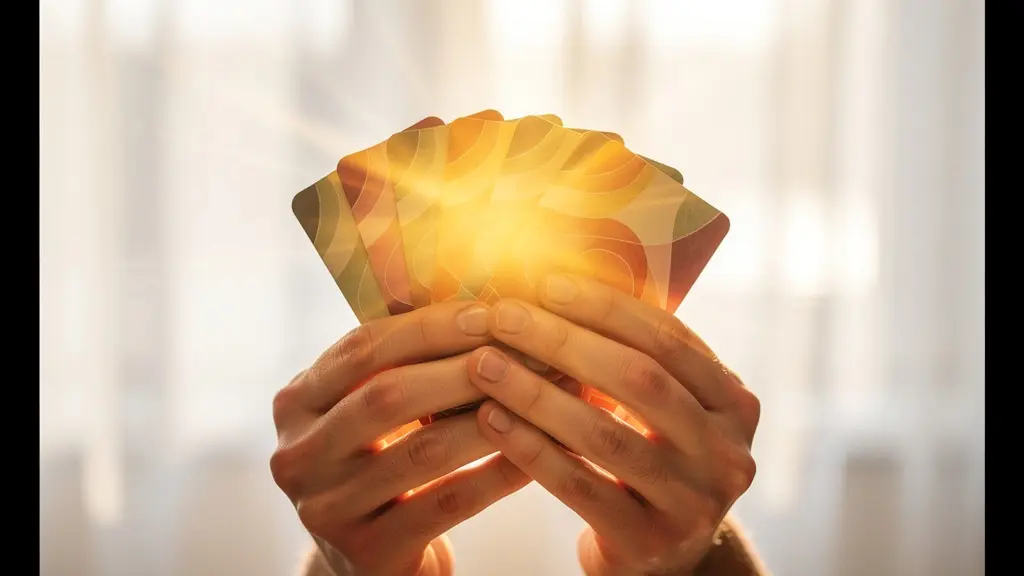 Mani che tengono delicatamente carte illuminate da una luce dorata trasformativa