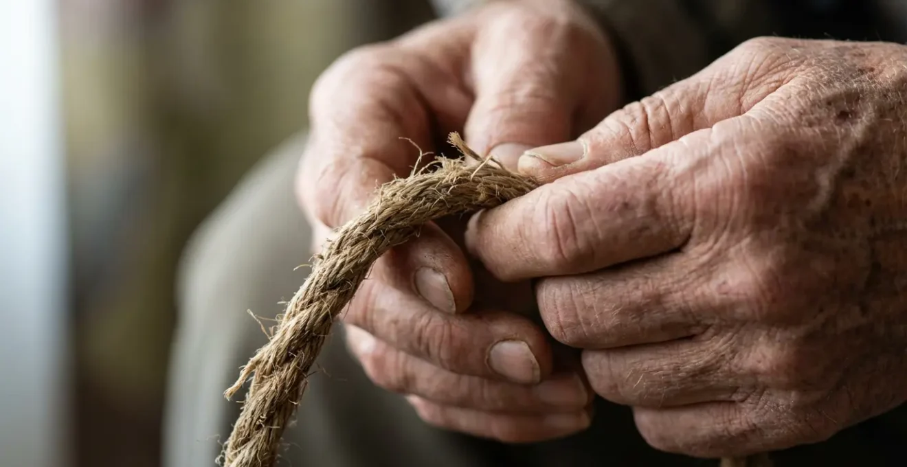 Dettaglio macro di mani che stringono una corda, metafora del legame e della dipendenza