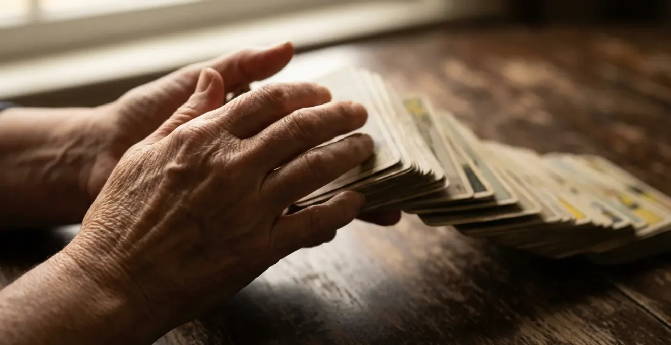 Mani che mescolano un mazzo di tarocchi con gesto rituale