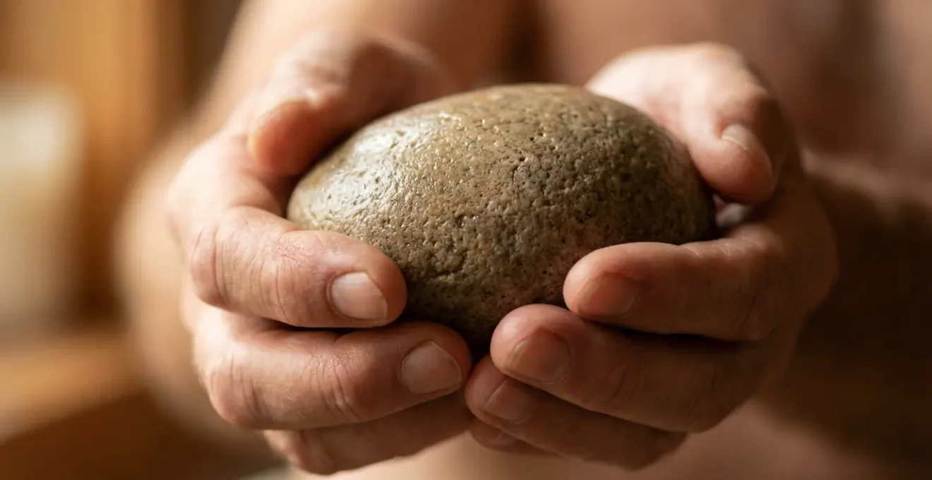 Mani che tengono una pietra liscia durante la meditazione con luce soffusa