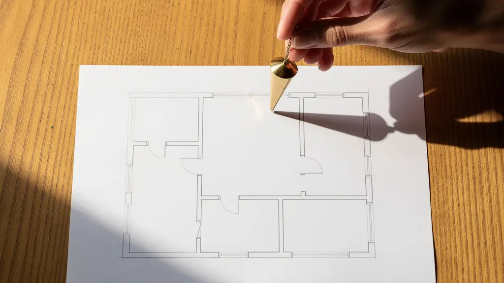 Vista dall'alto di una mano che tiene un pendolo sopra un foglio con la pianta schematica di una casa