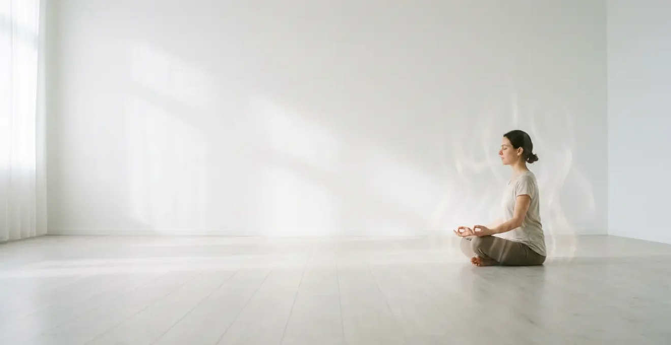 Figura umana in meditazione minimalista con onde energetiche sottili