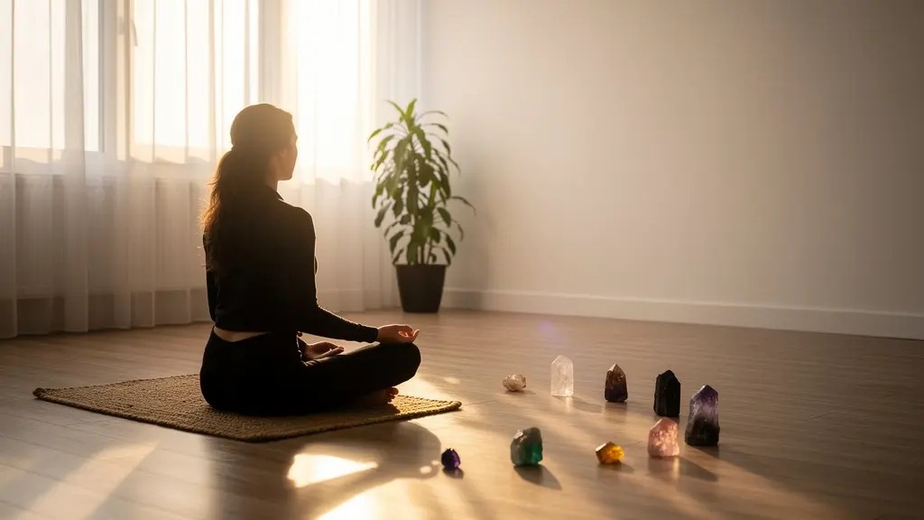 Persona in meditazione dopo una sessione di cristalloterapia per integrare l'energia