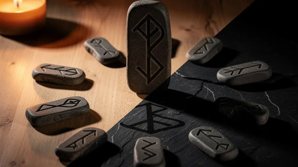 Composizione simbolica di rune con gioco di luci e ombre che mostra il lato luminoso e oscuro