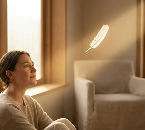 Persona che osserva una piuma che fluttua in un raggio di luce dorata