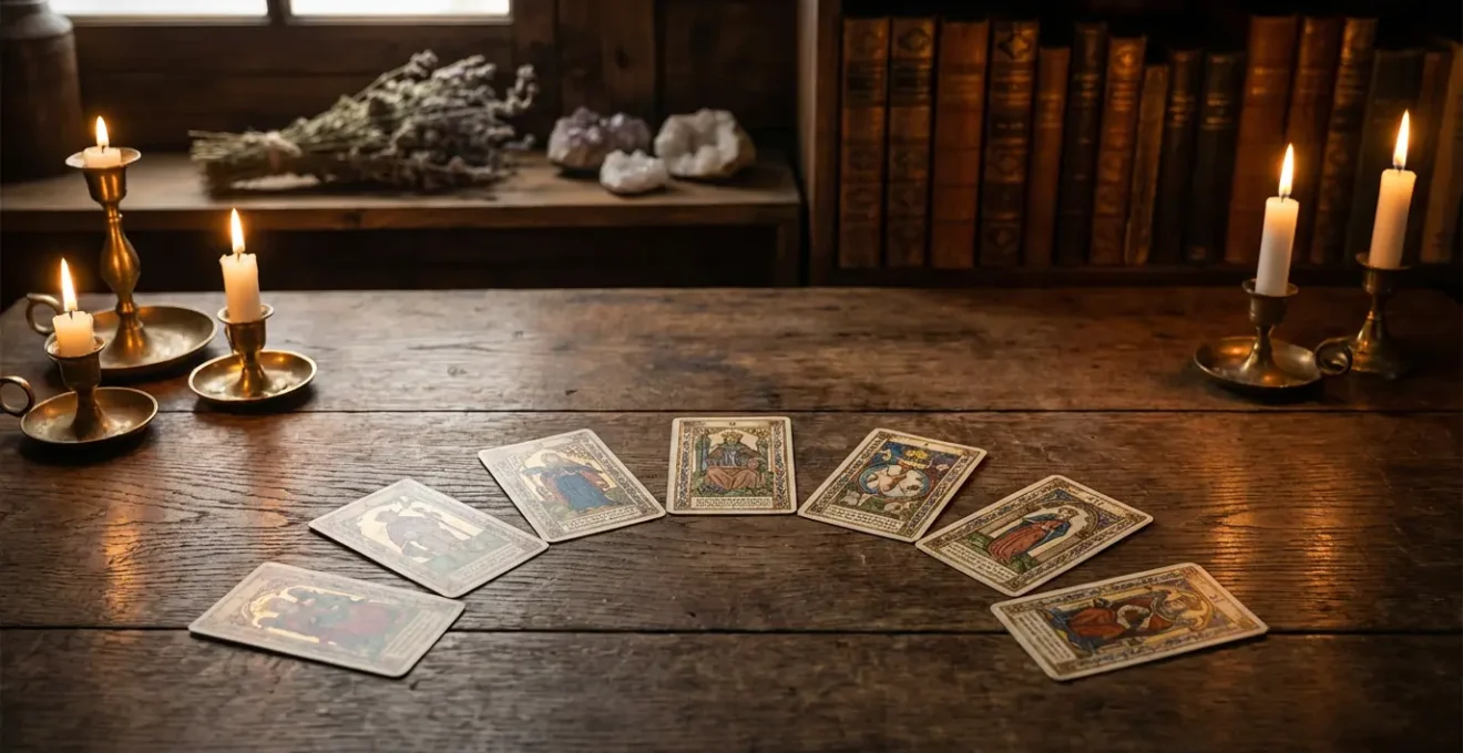 Sette carte dei tarocchi disposte in cerchio su una superficie di legno scuro in un ambiente meditativo