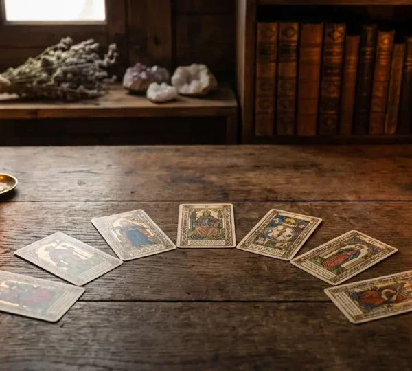 Sette carte dei tarocchi disposte in cerchio su una superficie di legno scuro in un ambiente meditativo