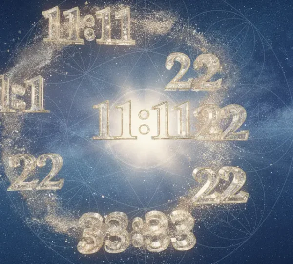 Numeri doppi illuminati fluttuanti in spazio cosmico con simboli angelici eterei