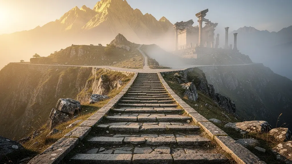 Scale di pietra antica che si divide in due percorsi, uno verso montagne dorate e l'altro verso un tempio etereo, rappresentando il dilemma tra materiale e spirituale