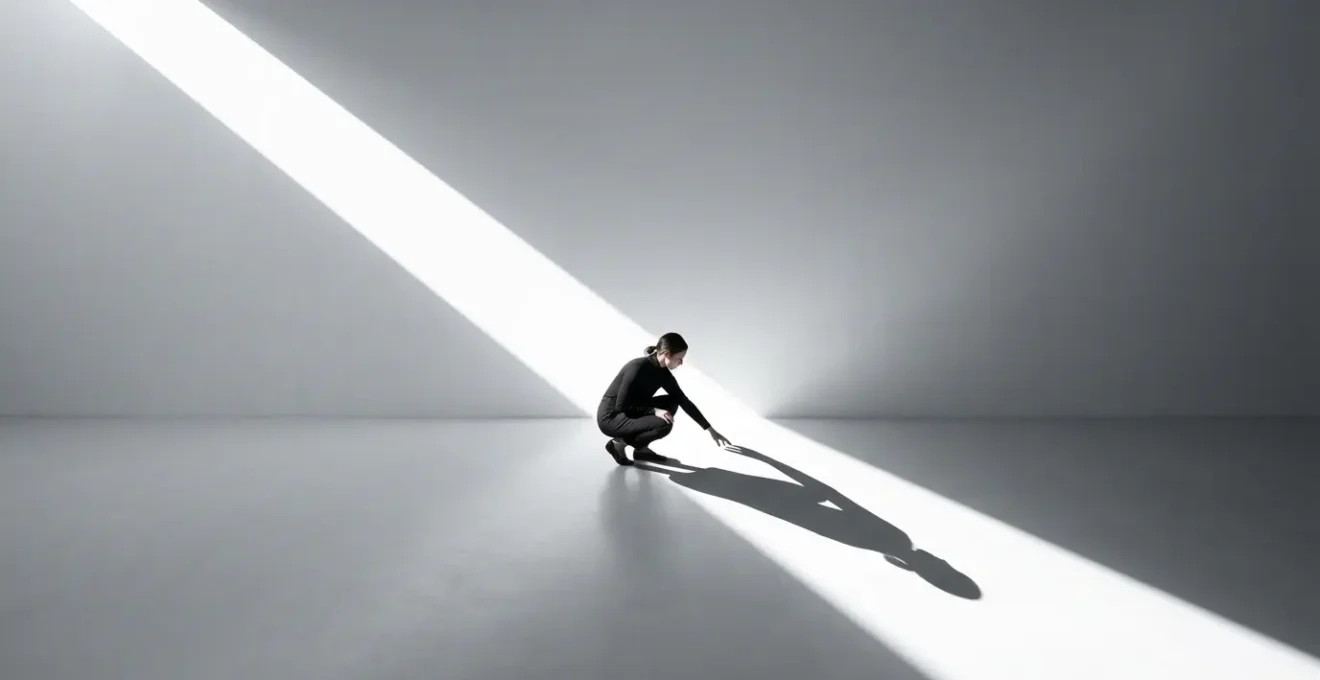 Figura umana che abbraccia la propria ombra in un gioco di luci e contrasti