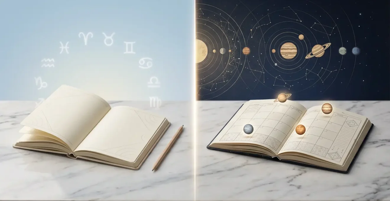 Confronto visivo tra oroscopo generico e personalizzato per la pianificazione strategica della settimana