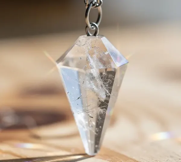 Pendolo di cristallo trasparente sospeso che oscilla sopra una superficie di legno naturale, con riflessi luminosi delicati