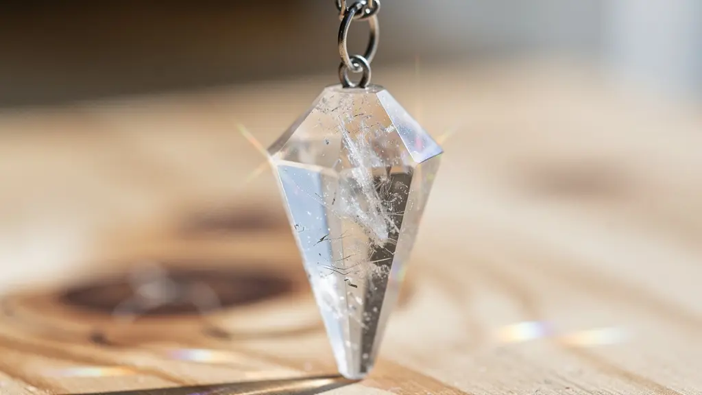 Pendolo di cristallo trasparente sospeso che oscilla sopra una superficie di legno naturale, con riflessi luminosi delicati