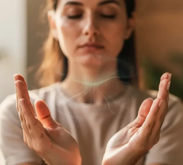 Mani aperte in posizione meditativa che percepiscono l'energia sottile intorno