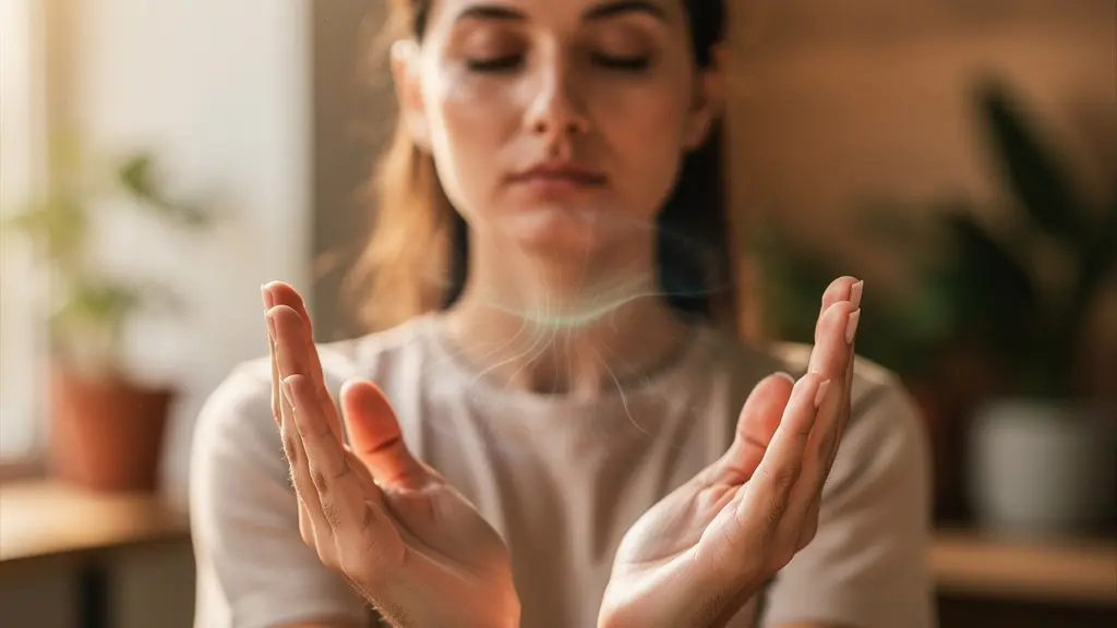 Mani aperte in posizione meditativa che percepiscono l'energia sottile intorno