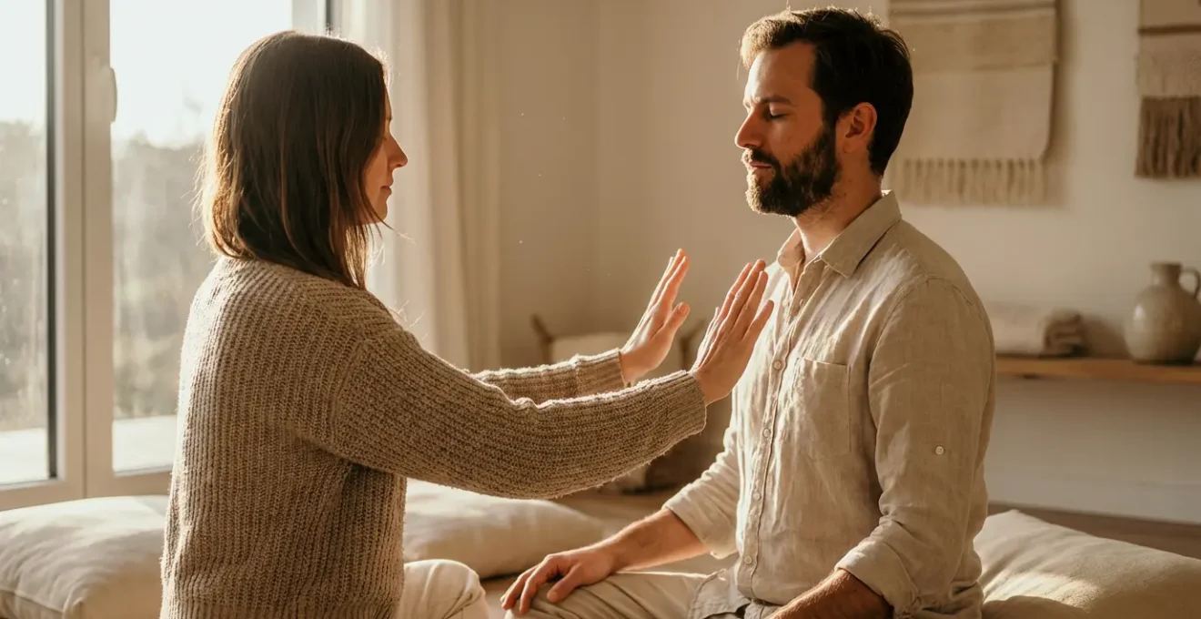 Mani che percepiscono l'energia dell'aura di una persona cara con sfumature luminose