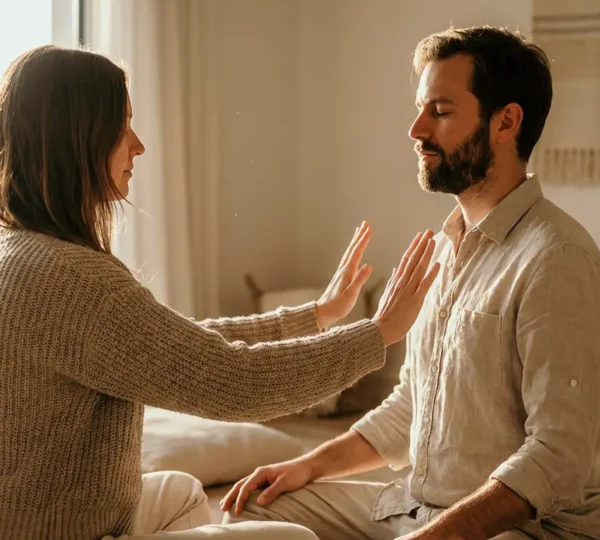 Mani che percepiscono l'energia dell'aura di una persona cara con sfumature luminose