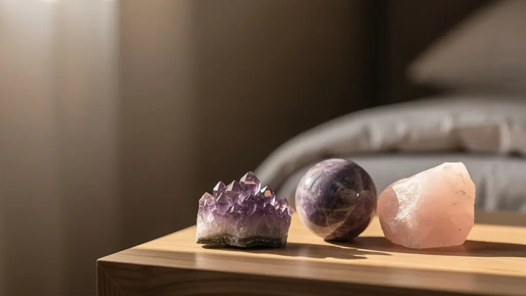 Disposizione armoniosa di cristalli calmanti per ansia e insonnia