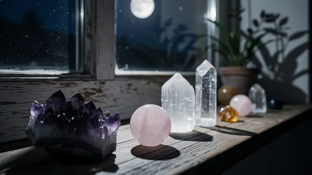 Cristalli di ametista e quarzo rosa esposti alla luce della luna piena su un davanzale