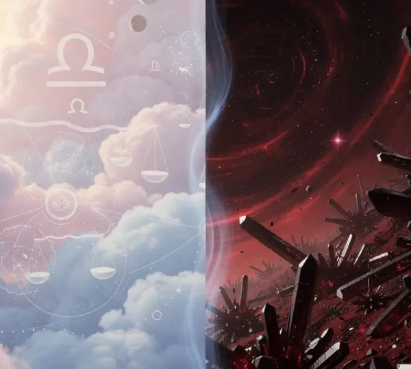 Contrasto simbolico tra le generazioni Plutone in Bilancia e Plutone in Scorpione rappresentato attraverso elementi cosmici e astrologici