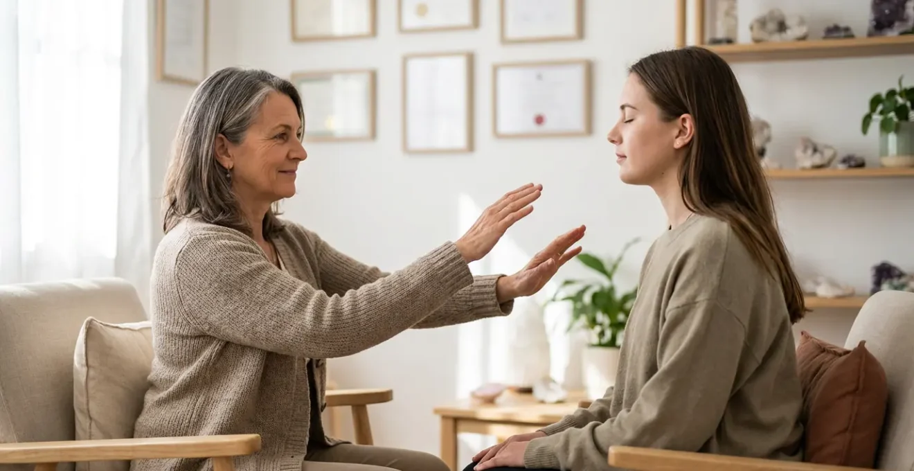 Professionista olistico esperto in seduta di consulenza energetica con certificazioni