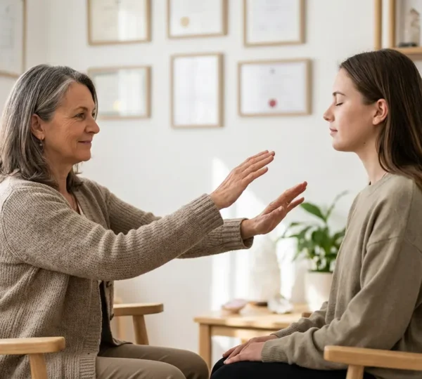 Professionista olistico esperto in seduta di consulenza energetica con certificazioni