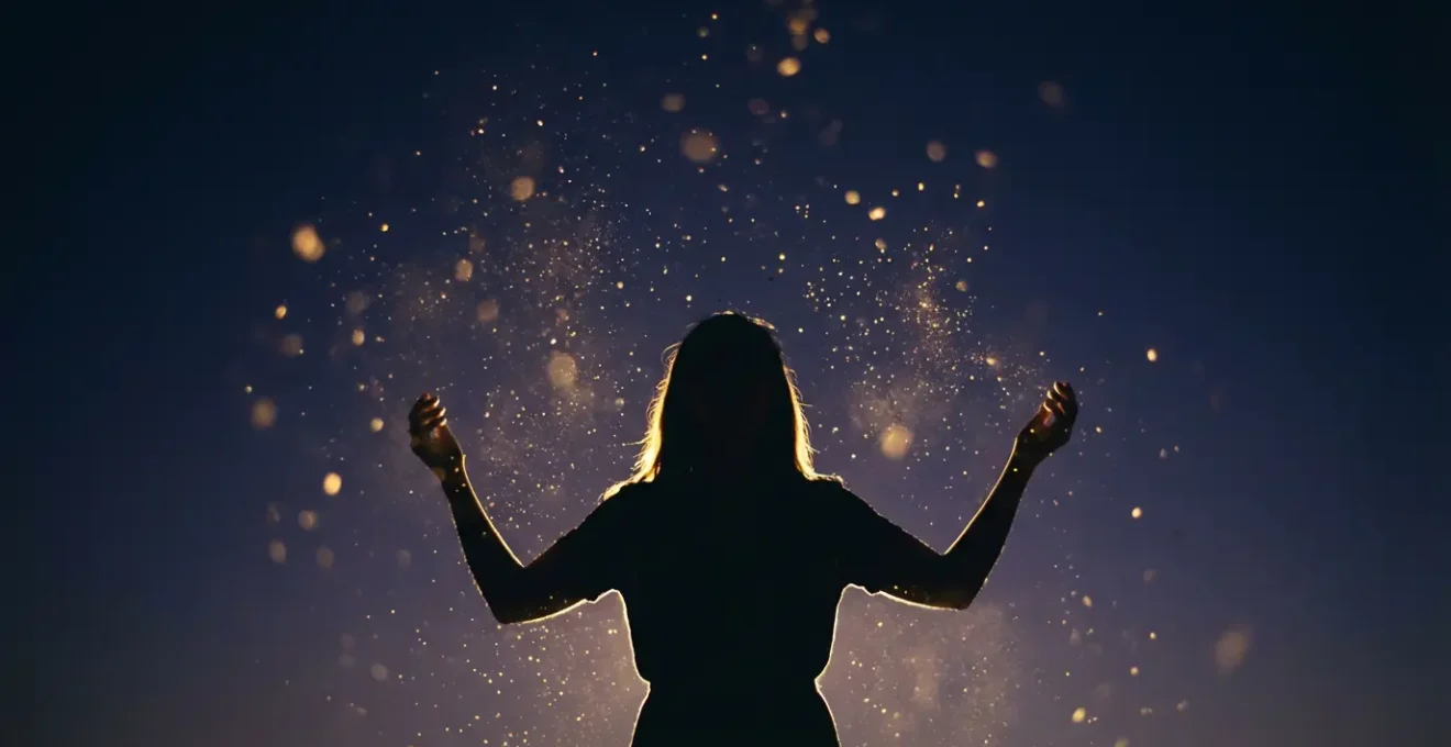 Figura umana circondata da un campo energetico luminoso con particelle dorate che si dissolvono nello spazio