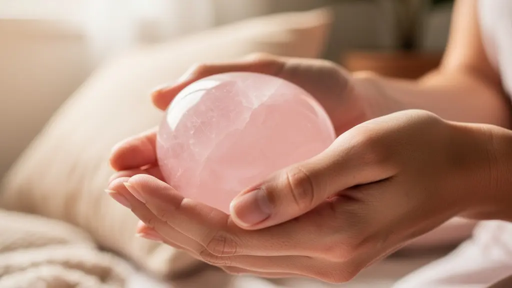 Mani che tengono delicatamente un quarzo rosa simbolo di protezione materna