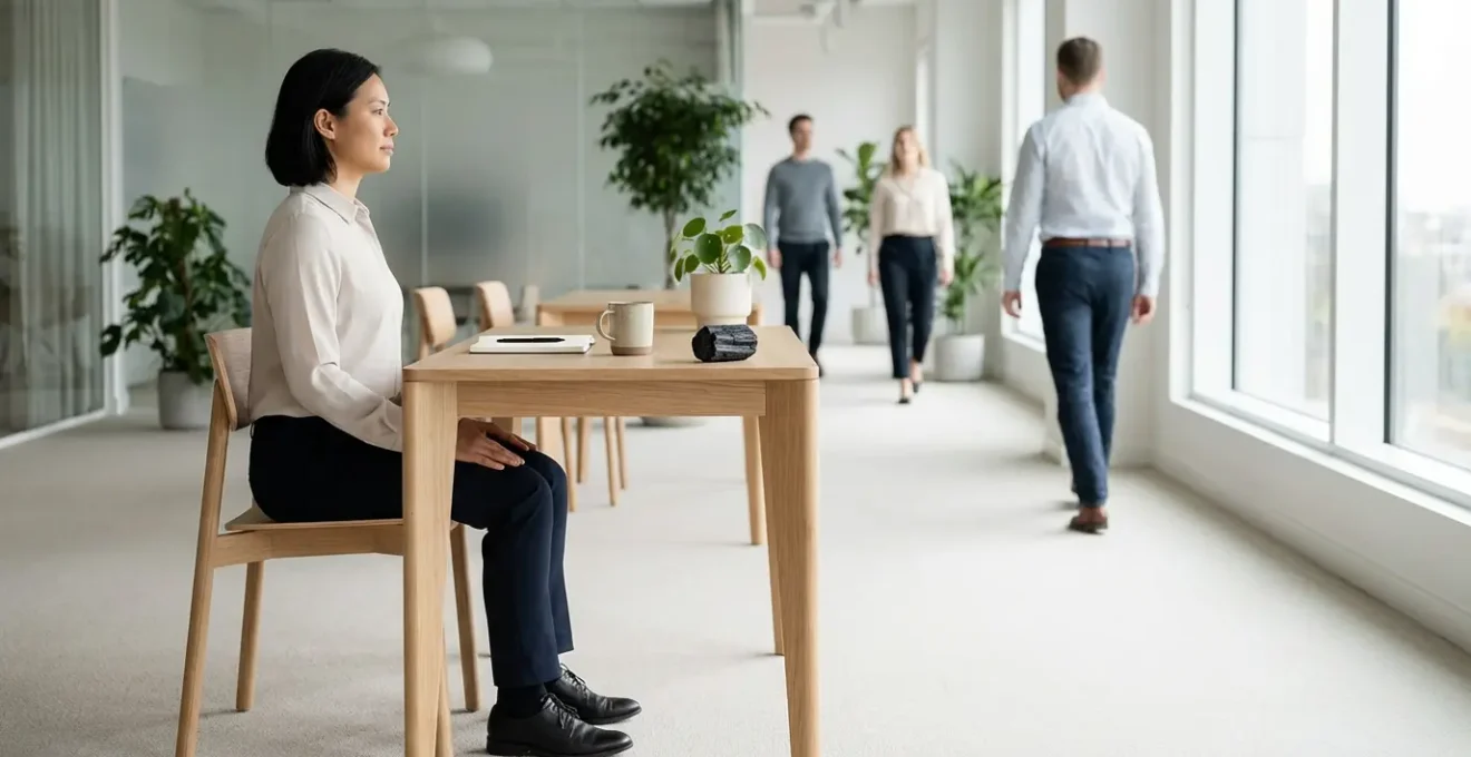 Professionista seduto alla scrivania in posizione meditativa con visualizzazione di radici energetiche che scendono verso la terra