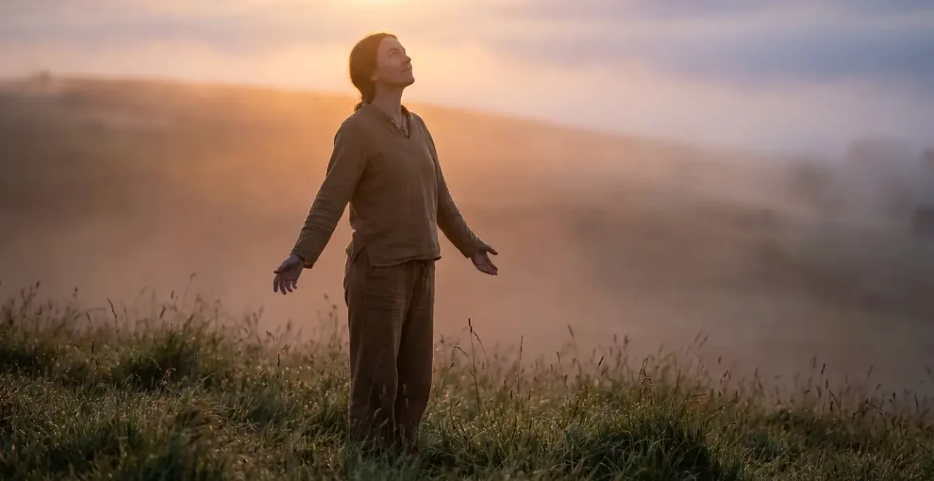 Figura umana circondata da aura luminosa in paesaggio naturale all'alba
