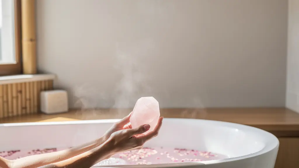 Donna in bagno rilassante con quarzo rosa e candele per rituale di amor proprio