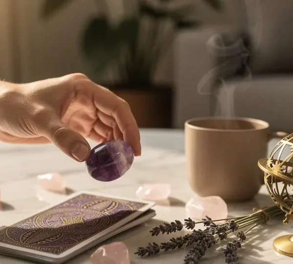 Composizione olistica con tarocchi, cristalli e simboli astrologici per il benessere quotidiano