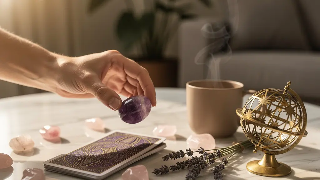 Composizione olistica con tarocchi, cristalli e simboli astrologici per il benessere quotidiano