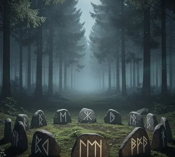 Antiche rune nordiche incise su pietre disposte in cerchio con simboli mistici illuminati dalla luce lunare
