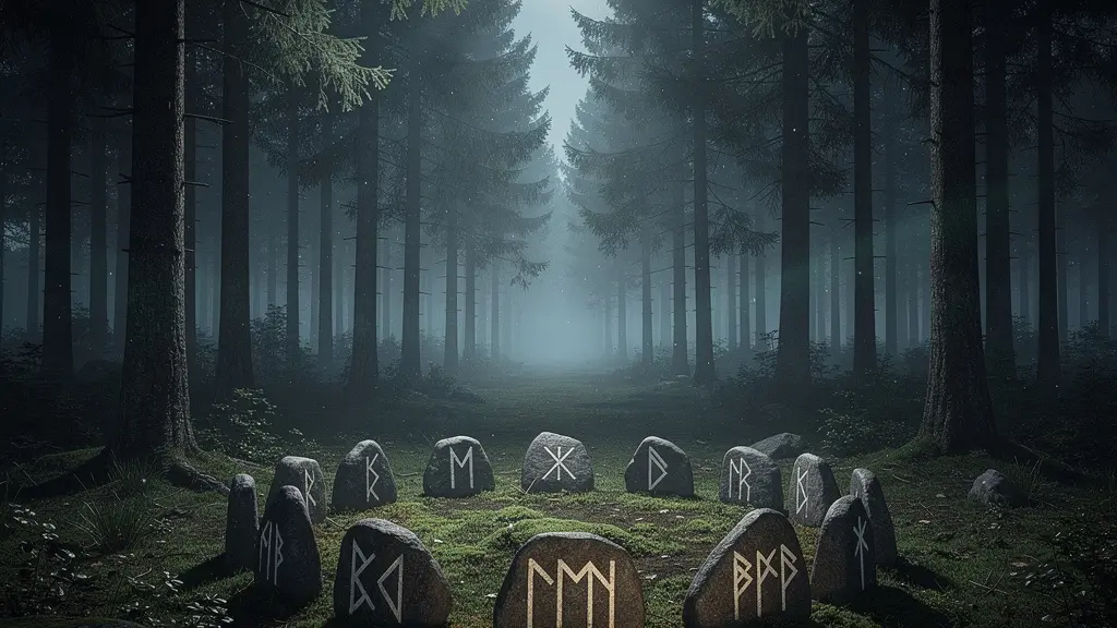 Antiche rune nordiche incise su pietre disposte in cerchio con simboli mistici illuminati dalla luce lunare
