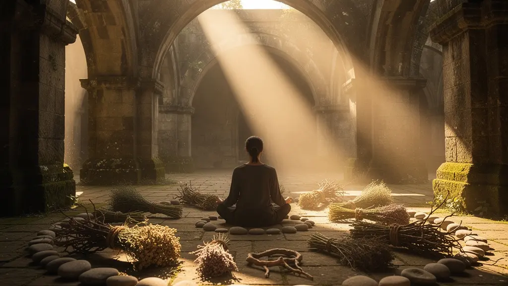 Figura in meditazione tra elementi naturali e luce dorata che attraversa spazi antichi