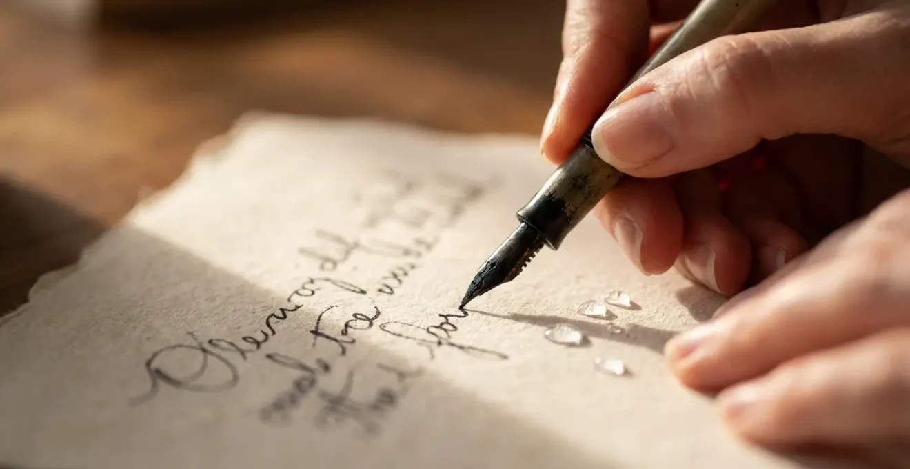 Mani che scrivono una lettera intima con inchiostro su carta pregiata