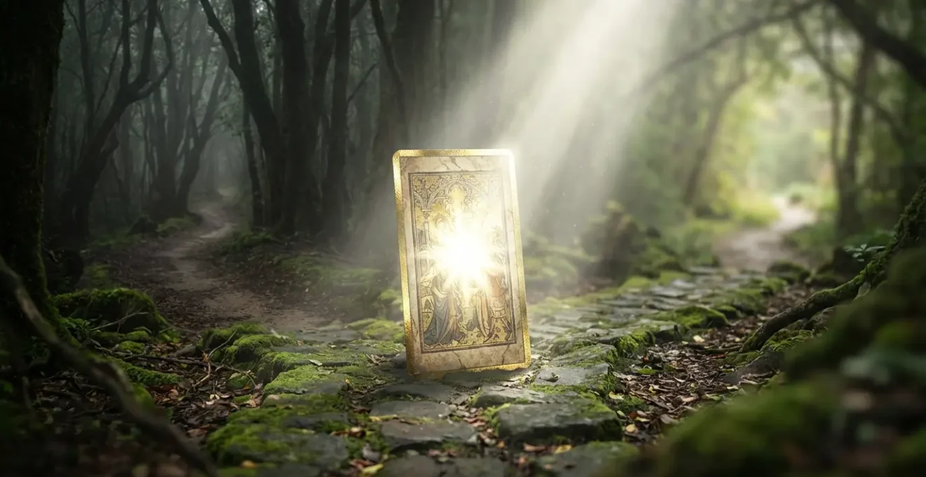 Una singola carta dei tarocchi illuminata al centro di un bivio simbolico