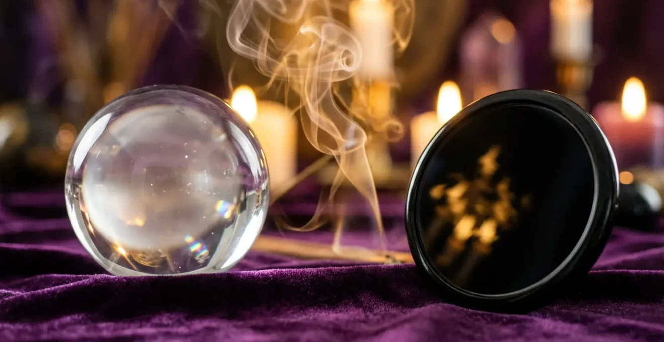 Una sfera di cristallo trasparente e uno specchio nero riflettente disposti simmetricamente su superficie scura per la divinazione